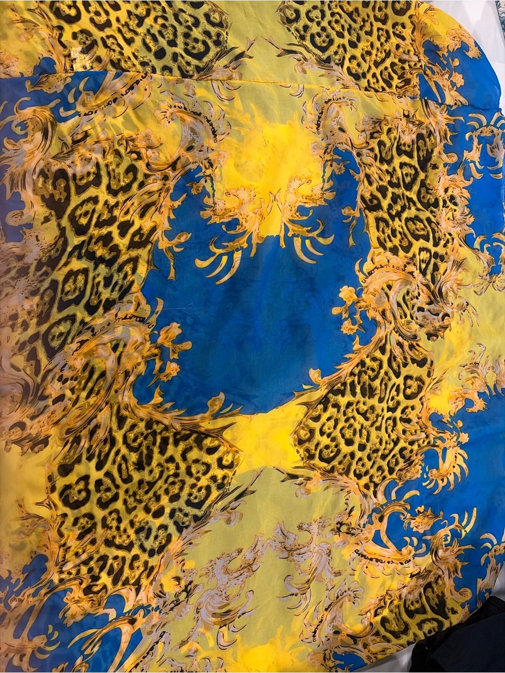Vibrant Blue & Yellow Leopard-Print Silk Wrap Scarf
